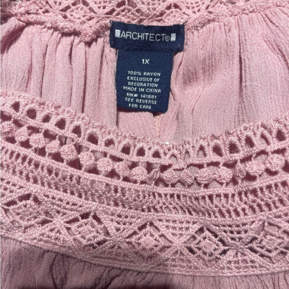 Romantic Blush Pink 1X Flowy Tunic – Cottagecore Smocked Neck & Floral Hem - Picture 7 of 7